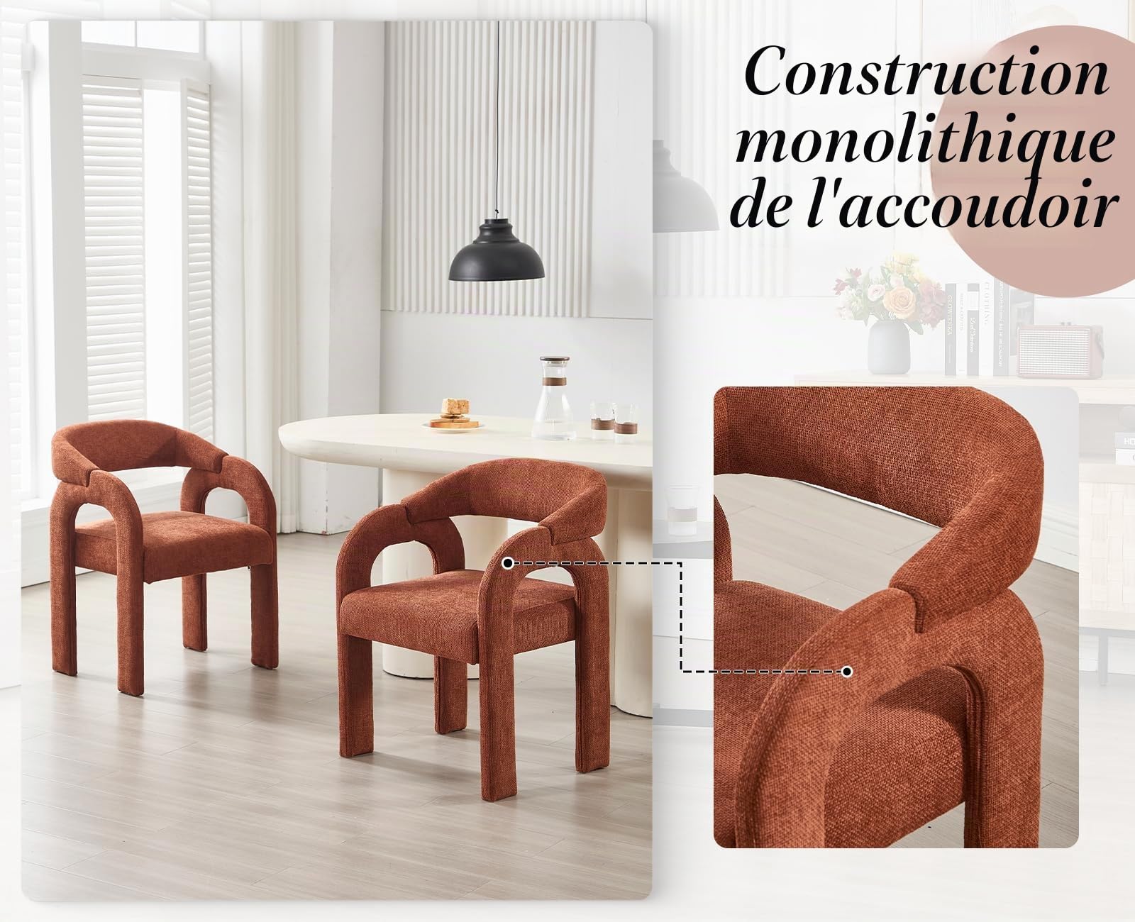 Lot de 2 Chaises de Cuisine en Chenille Chaise de Salle à Manger avec Dossier Incurvé Fauteuil Dîner Moderne, Orange