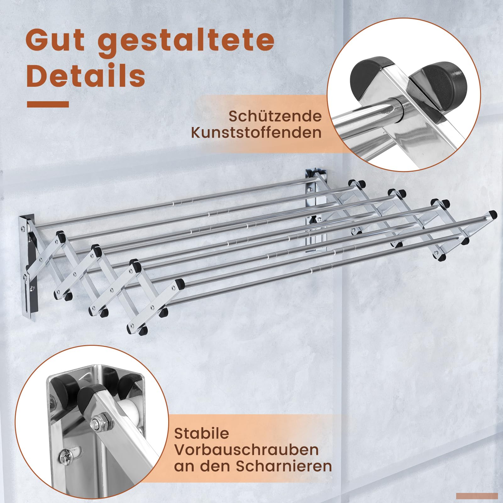 COSTWAY Wäscheständer zur Wandmontage, Wandtrockner ausziehbar aus Edelstahl mit 8 Stangen, Wandwäschetrockner 25 kg Tragkraft für Waschküche, Badezimmer