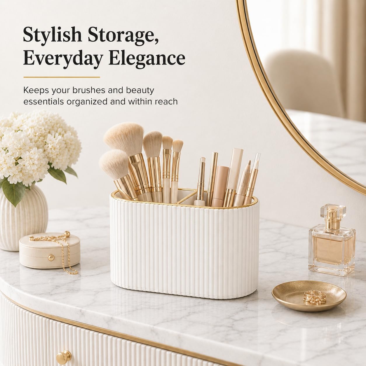 GORESE Makeup Brush Holder Organizer with 2 Slots, PU Leather Small Make Up Organizer for Vanity Bathroom Countertop, Gift for Women(Ivory White)