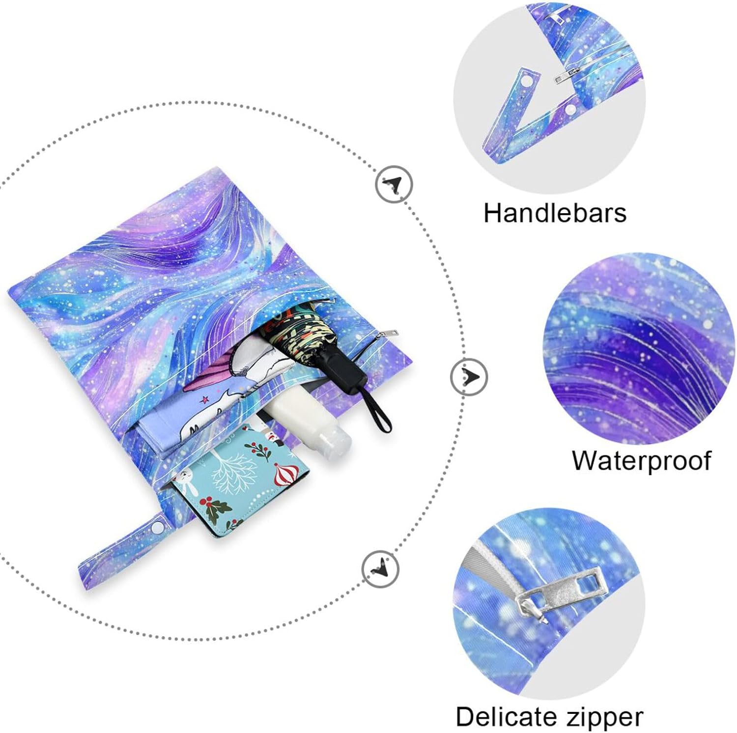 Purple Blue Galaxy Starry Waves reusable wet clothes bag 2 Pack diaper bag essential items with handles for beach, yoga