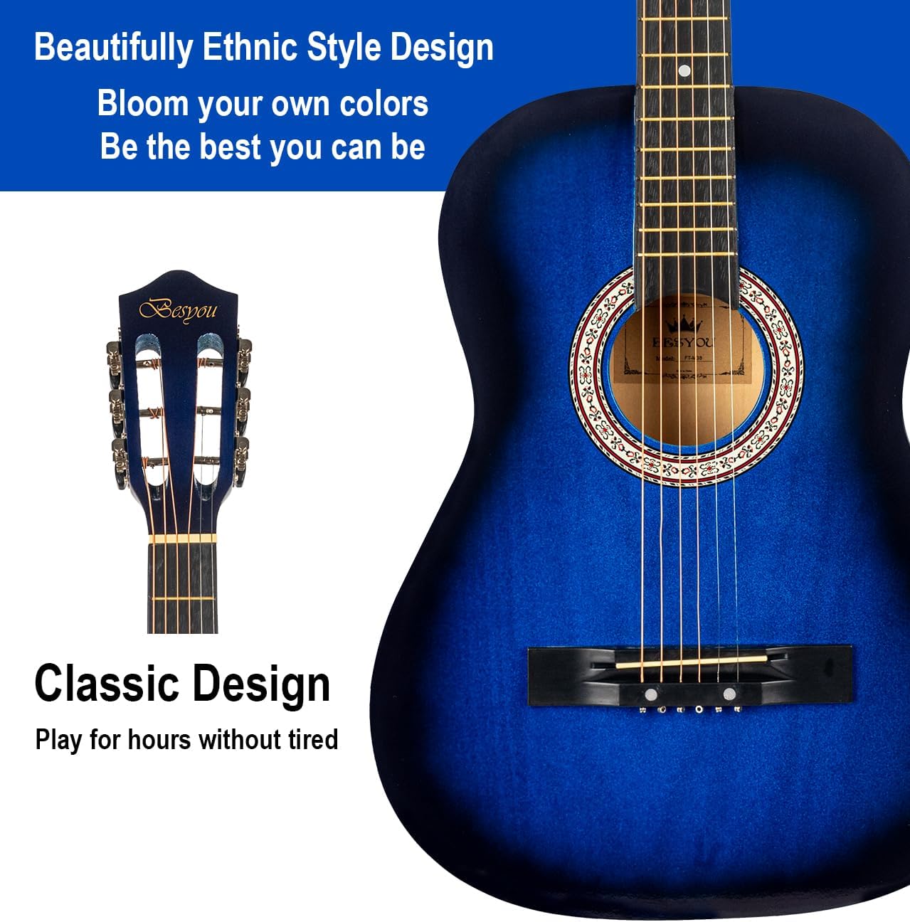 38in Beginner Acoustic Guitar Basic Starter Kit Tuner Bag Capo Strings Winders Strap Picks Student/Kids Guitar Pickguard with Gig Bag Blue