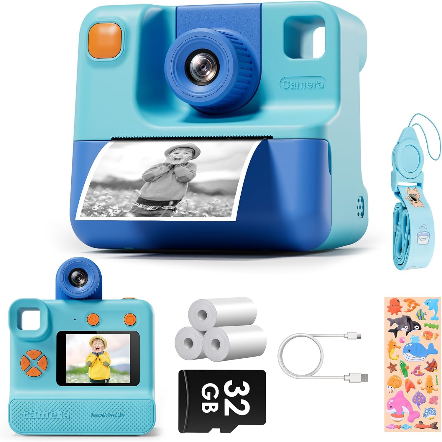 Kids Camera Instant Print, 24MP & 1080P Selfie Digital Camera with 3 Roll No-Ink Print Paper 32G SD Card, Christmas Birthday Gifts for Toddle Girls Boys Age 3-12 (Blue)