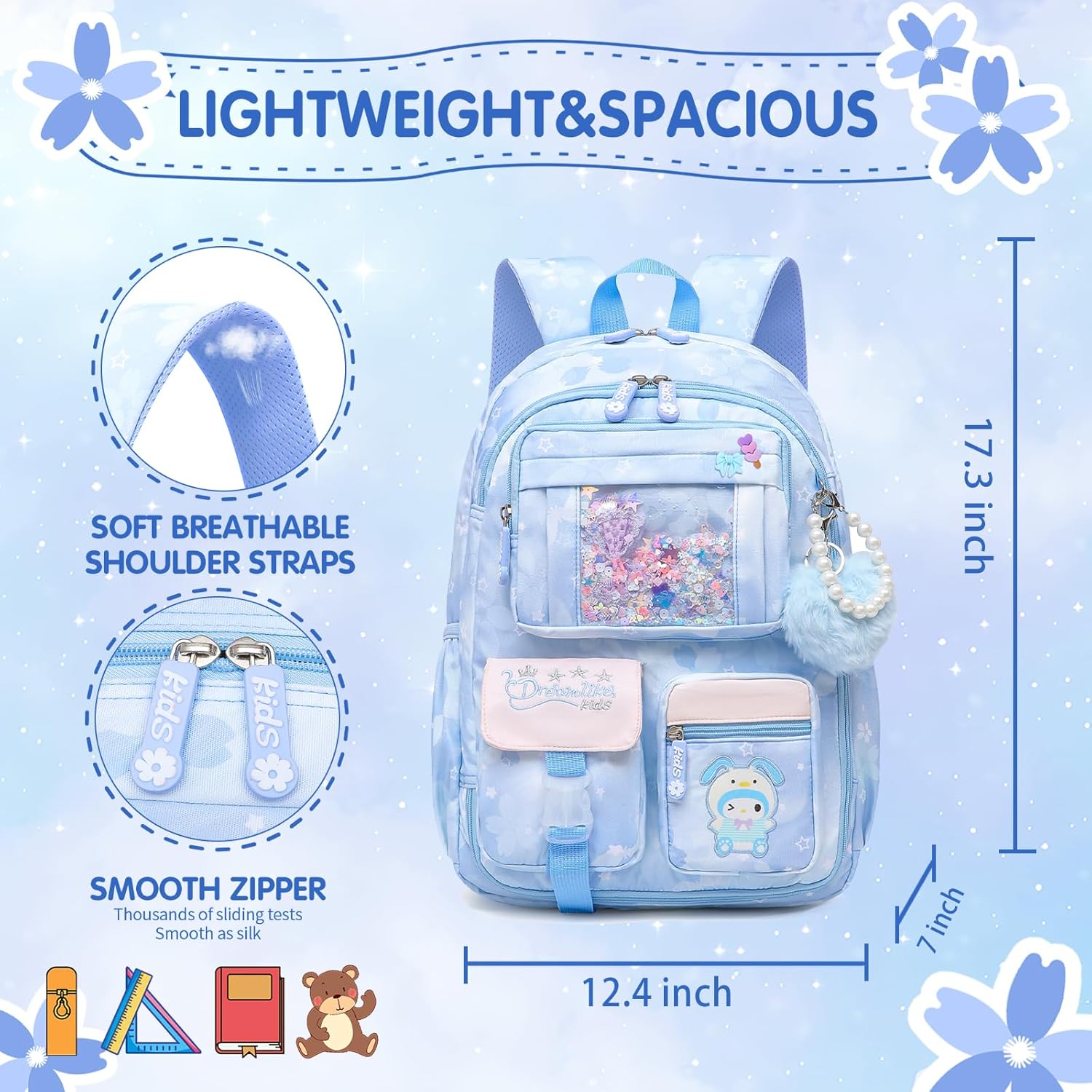 Lovely Girls Backpack School Bag for Students Kids Book Bag with Multiple Pockets Splash-proof Children's Backpack(17inch Blue) - Image 5