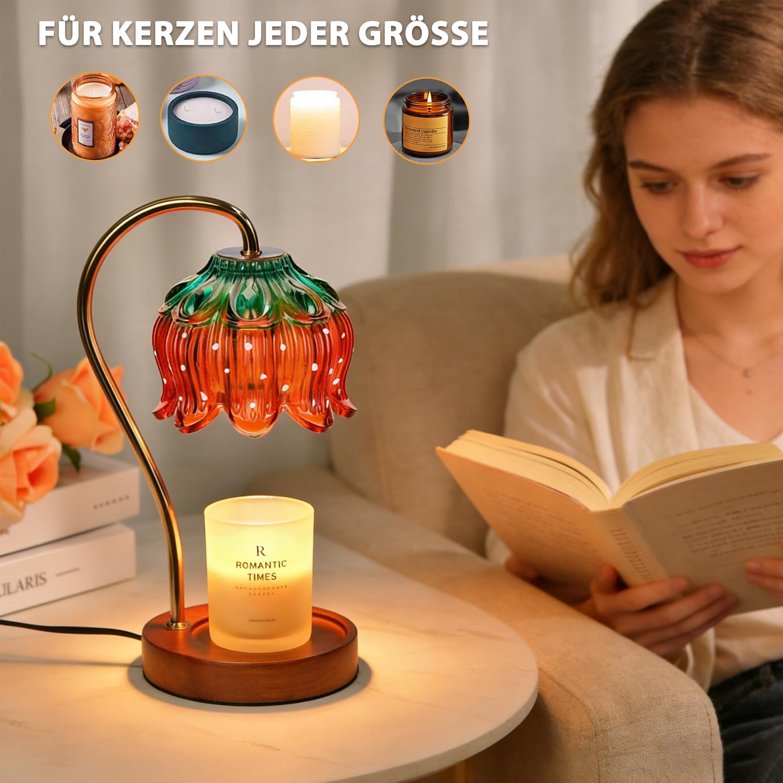 Justup Lámpara calentadora de velas, lámpara de calentamiento de velas de fresa con temporizador y 2 bombillas, derretidor de cera eléctrico, cumpleaños, día de San Valentín para mujeres (fresa)