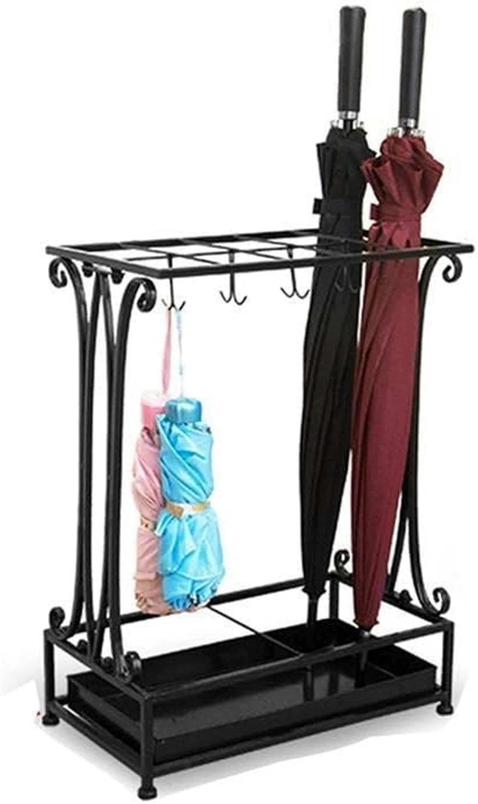 Rack de parapluie en fer forgé avec support de rangement et bac de récupération d'eau