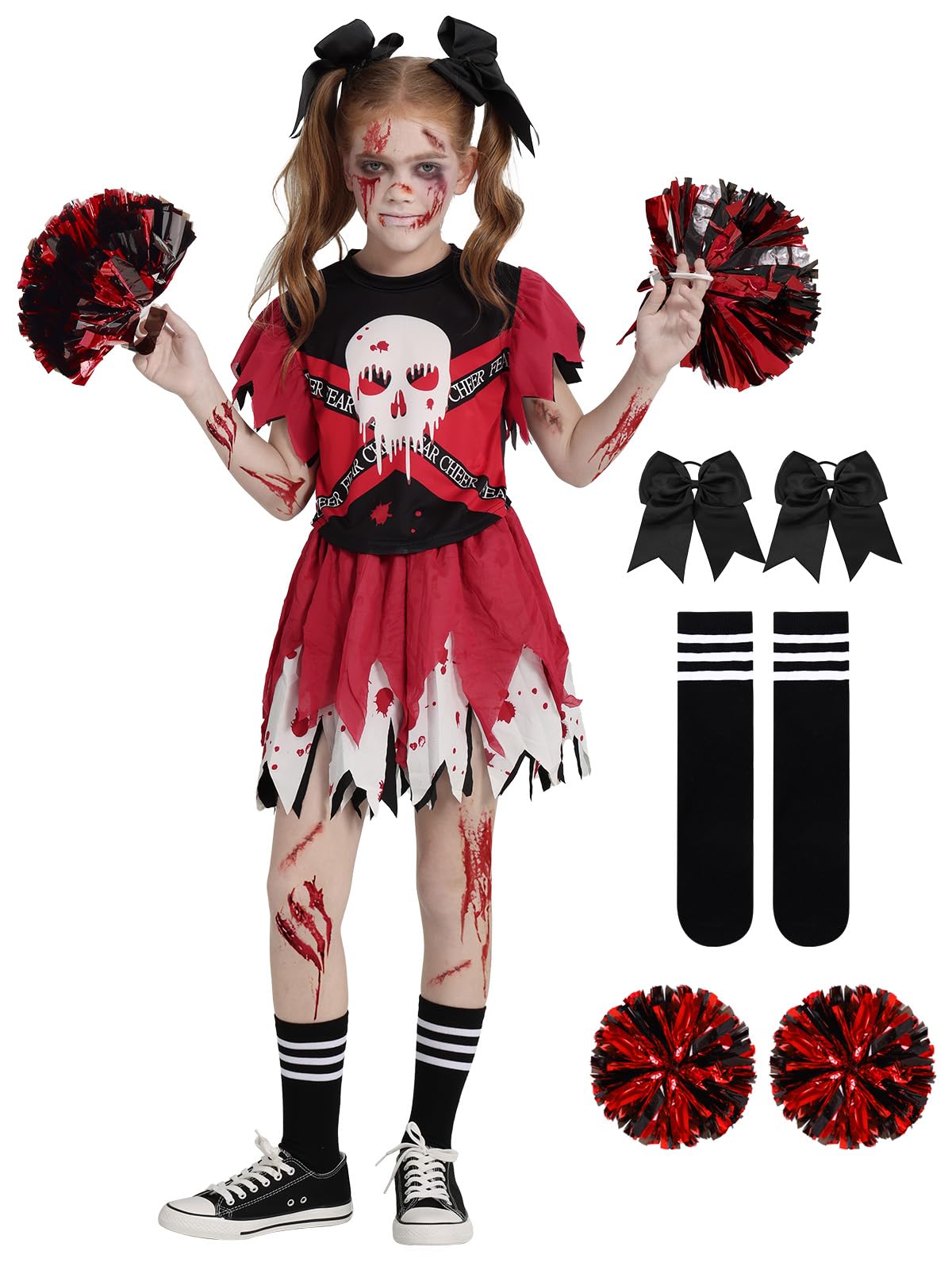 Naiyafly Girls Zombie Cheerleader Costume Fancy Dress Spooky Blood-Splattered Halloween Outfit Creepy Kids Costumes 6 7 8 9 10 11 12 Years