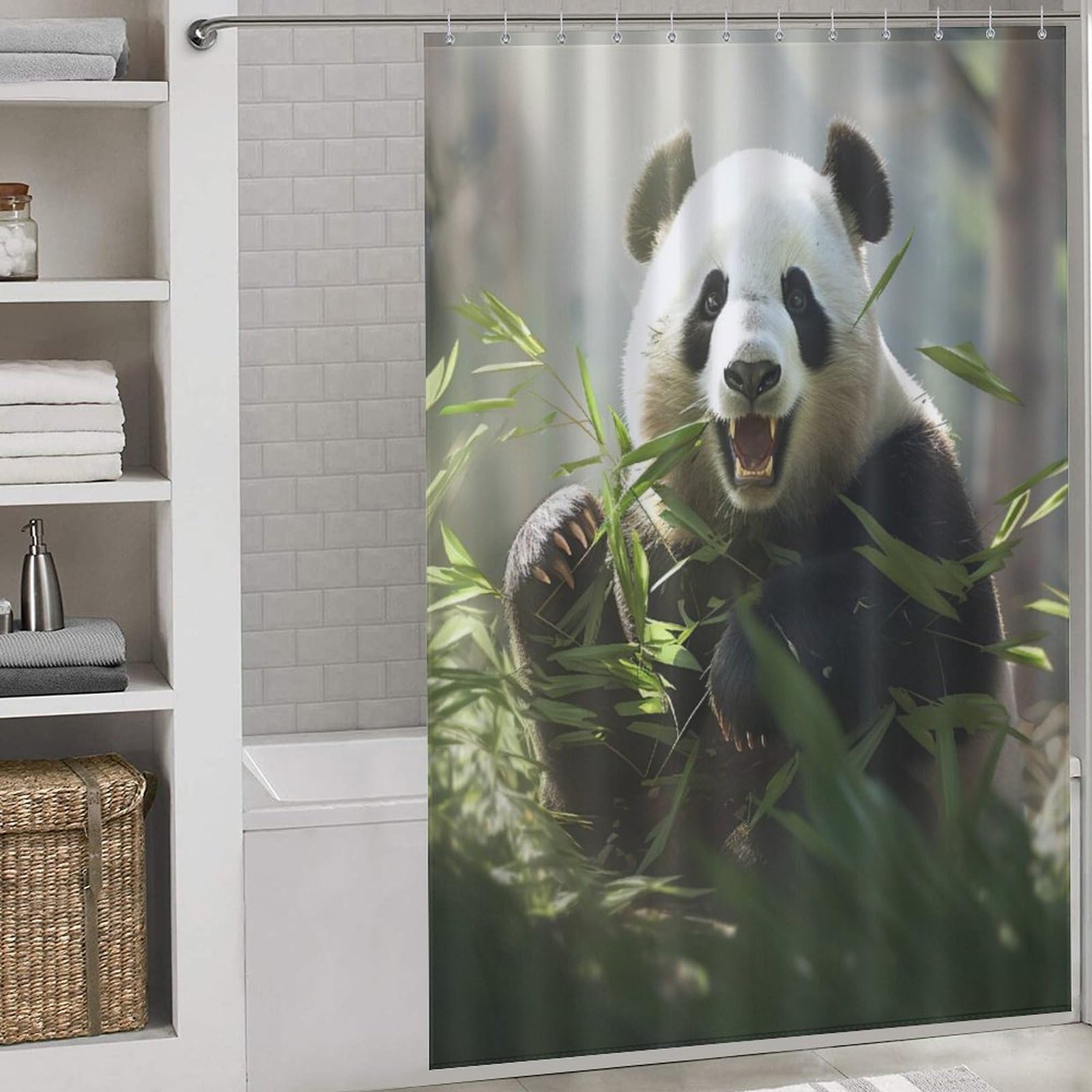 Rideau de douche panda anti éclaboussures en tissu avec crochets