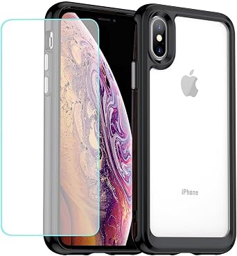 Case for iPhone Xs Max Case with Tempered Glass Screen Protector, Anti Yellowing Clear Hard PC Back & Soft TPU Bumper Protective Phone Cover for iPhone Xs Max Crystal Black