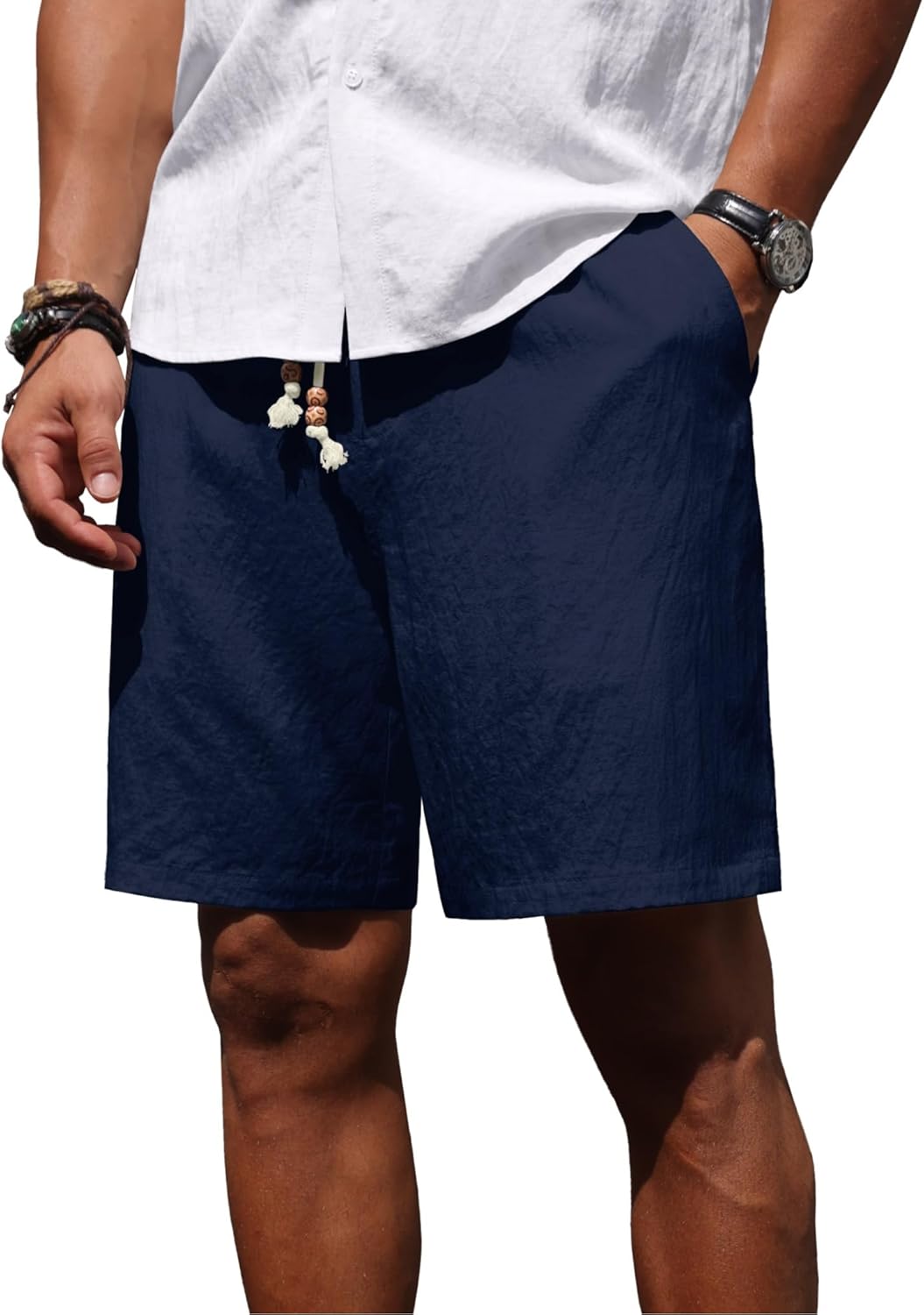 Sailwind Men’s Linen Shorts Casual Summer Elastic Waist Drawstring Lightweight Beach Vacation Shorts with Pockets