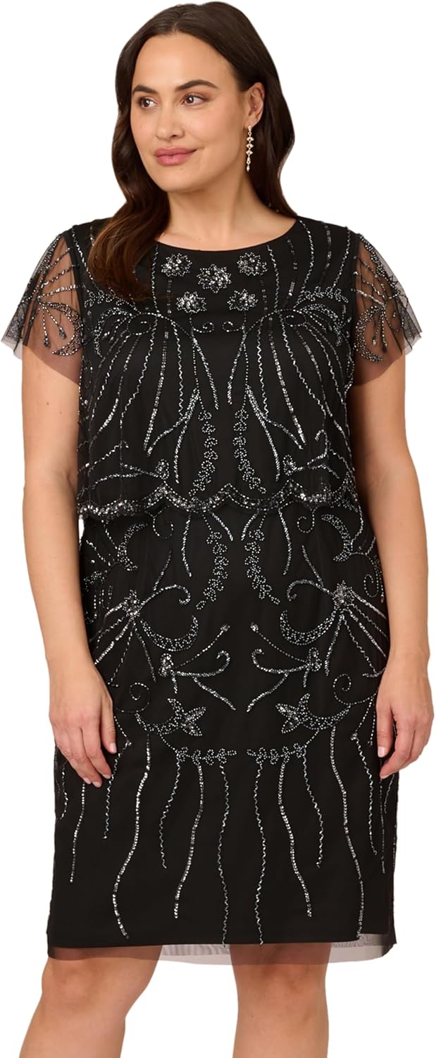 Adrianna Papell Womens Beaded Cocktail Dress