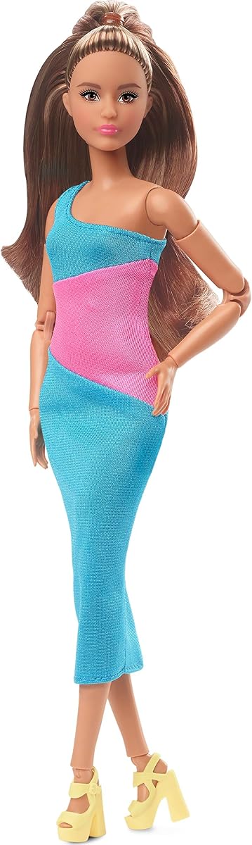 Barbie Looks Fashion Doll with Brown Hair Wearing One-Shoulder Pink & Blue Midi Dress, Collectible with Posable Made to Move Body