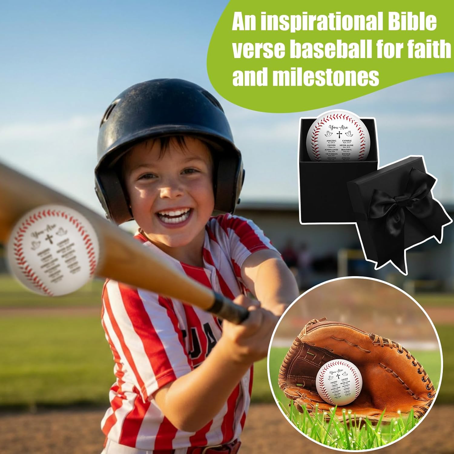 Religious Baseball Gift for Boys 8-12 Baptism First Communion Confirmation Inspirational Bible Verse with Box Basket Stuffer for Baseball Players Lovers Teen Godson