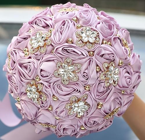 Miniatura 10 de Sharebeauty Ramo de novia de satén hecho a mano de 9.4 pulgadas, ramo de boda, ramo de flores artificiales, color azul rey