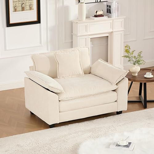 Miniatura 83 de Sofá seccional modular beige de 111.5", sofás seccionales grandes de 3 plazas para sala de estar, tela de chenilla marfil blanquecino, sofá nube de