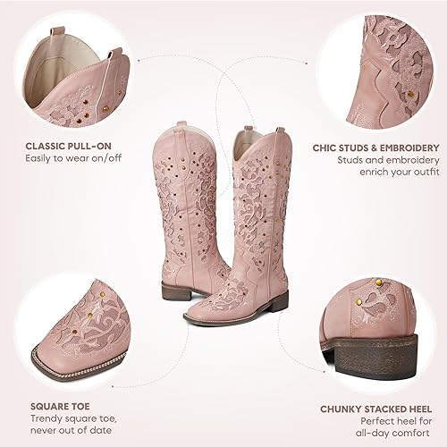 Miniatura 4 de mikarka Botas vaqueras para mujer, con tachuelas bordadas, botas vaqueras de media pantorrilla, botas occidentales de meter, punta cuadrada, tacón