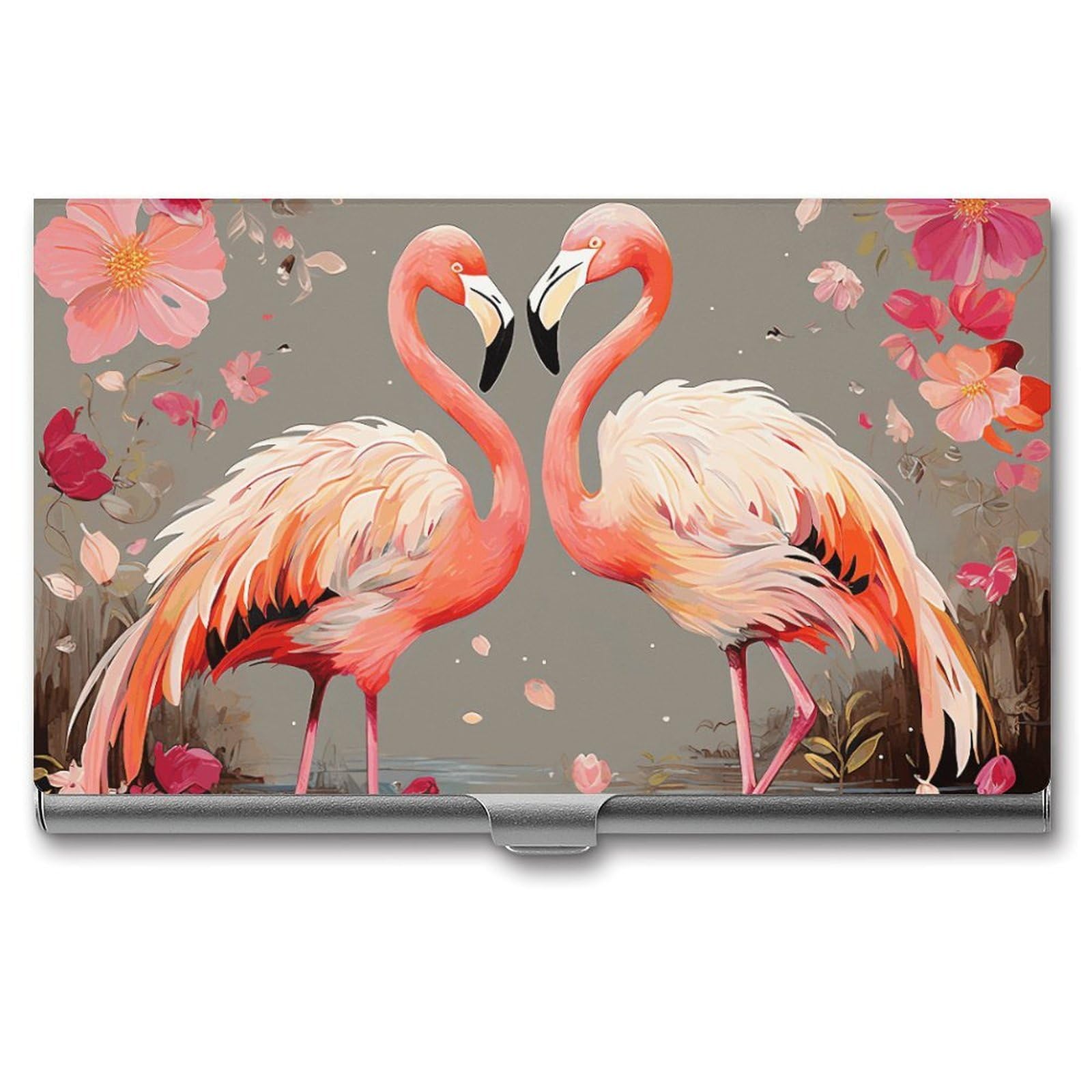 BTCOWZRV Flamingos And Flowers Business Card Holder Metal Slim Business Card Case, Pocket Card Holder for Men Women Purse Name Card Holder Stainless Steel Wallet Credit ID Case for Office