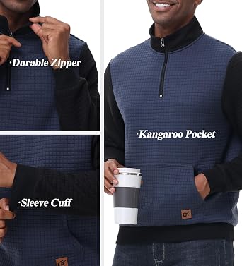 YuKaiChen Men's Long-Sleeve Quarter-Zip Casual Sweatshirt Square Pattern