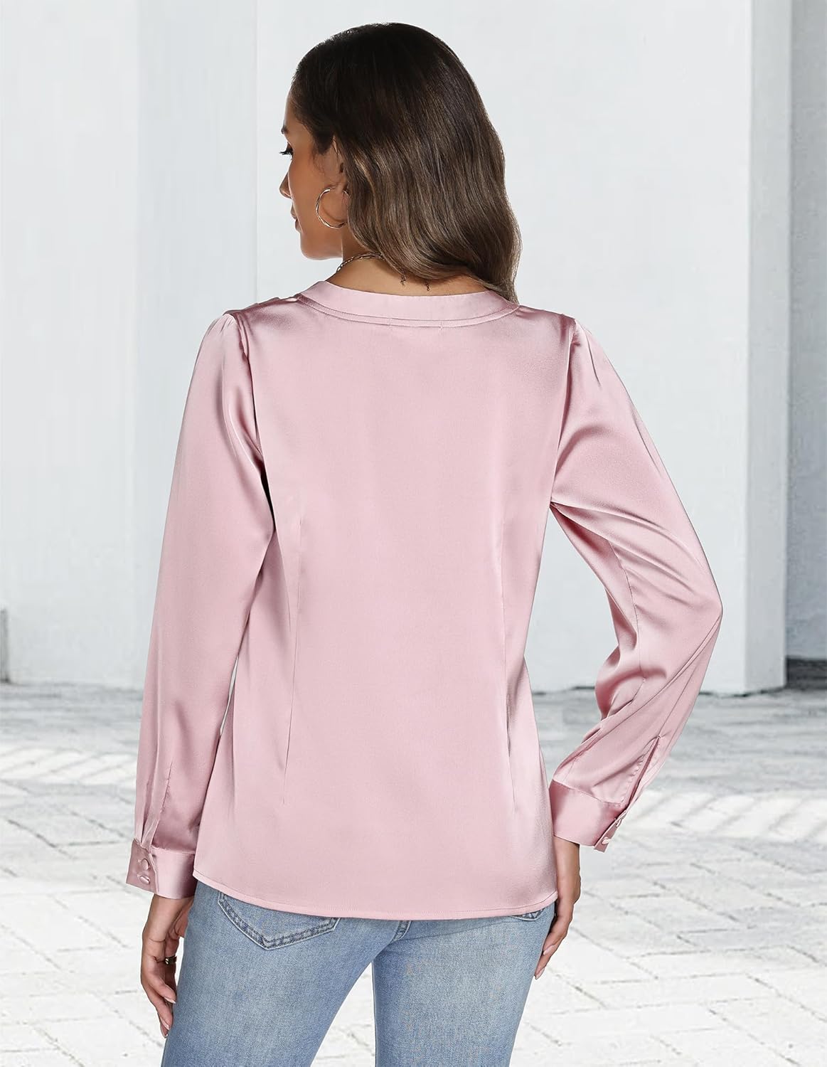 Womens Satin Silk Blouse Long Sleeve Button Front V Neck Shirt Business Casual Work Tops Lightweight Elegant Office Wear - Image 2