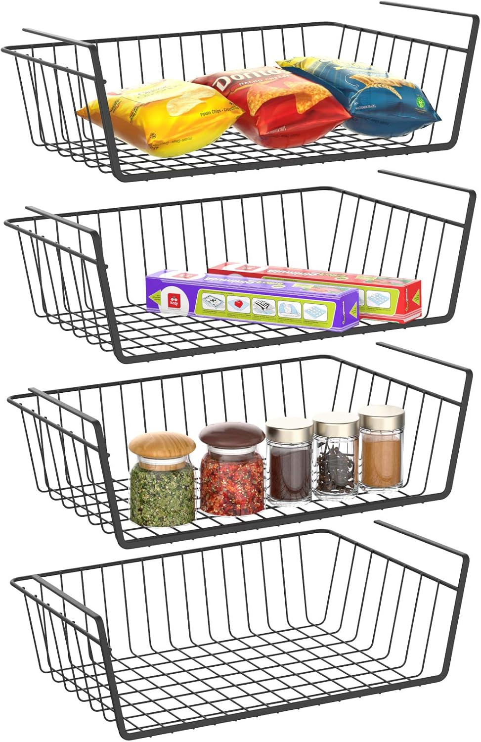 Under Shelf Basket, Swedecor 4 Pack Storage Under Cabinet Shelf Wire Basket, pantry organizer, under cabinet baskets for storage, Black