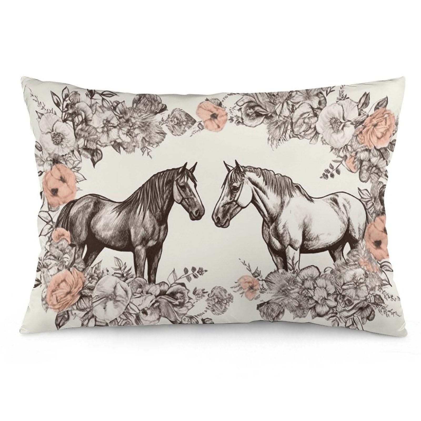 2 Pack Pillow Cases for Hair and Skin, Soft Breathable Pillow Case Covers with Hidden Zipper, Flowers and Horses Hand Drawn Pillowcase 12 "x20 Pillow Covers for Sleeping Gift