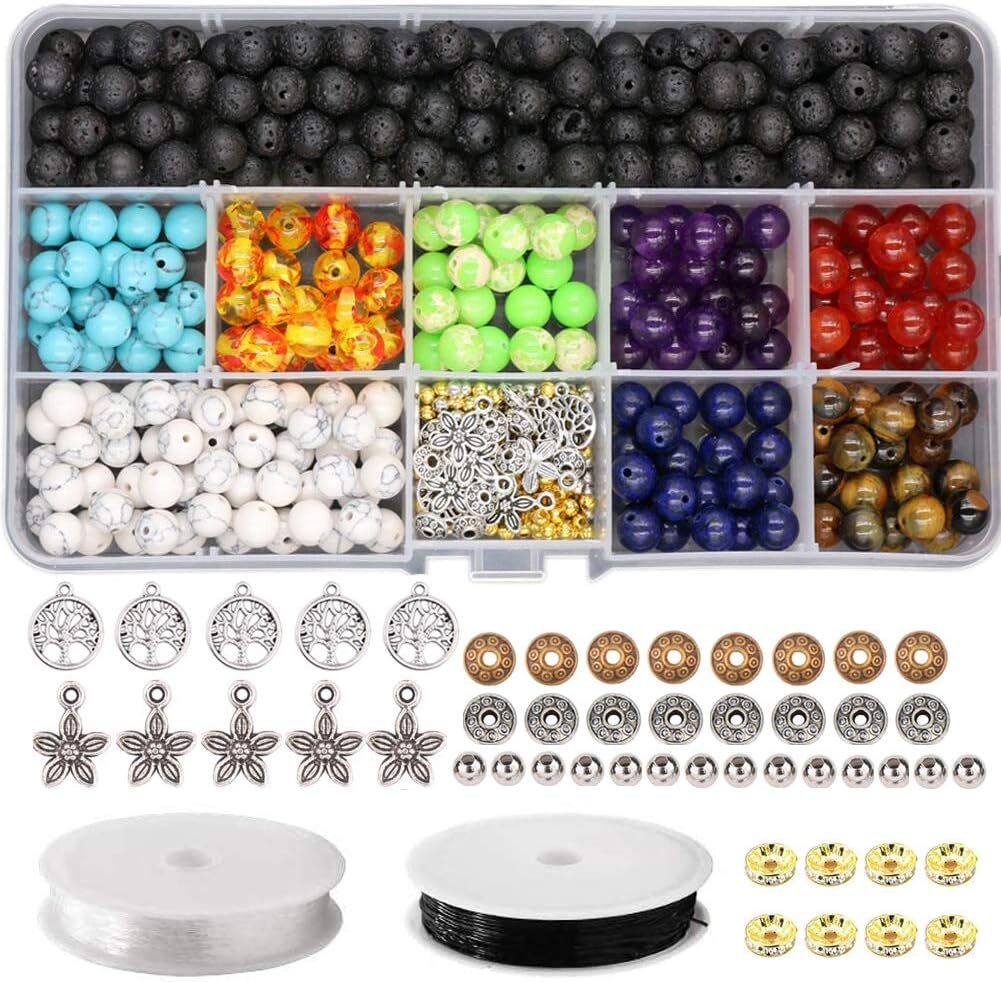 Civilipi Chakra Beads 8mm Spacer Beads Set Lava Beads Stone Rock Kit Loose Beads for Necklace Jewelry Making 2 roll Crytal Strings