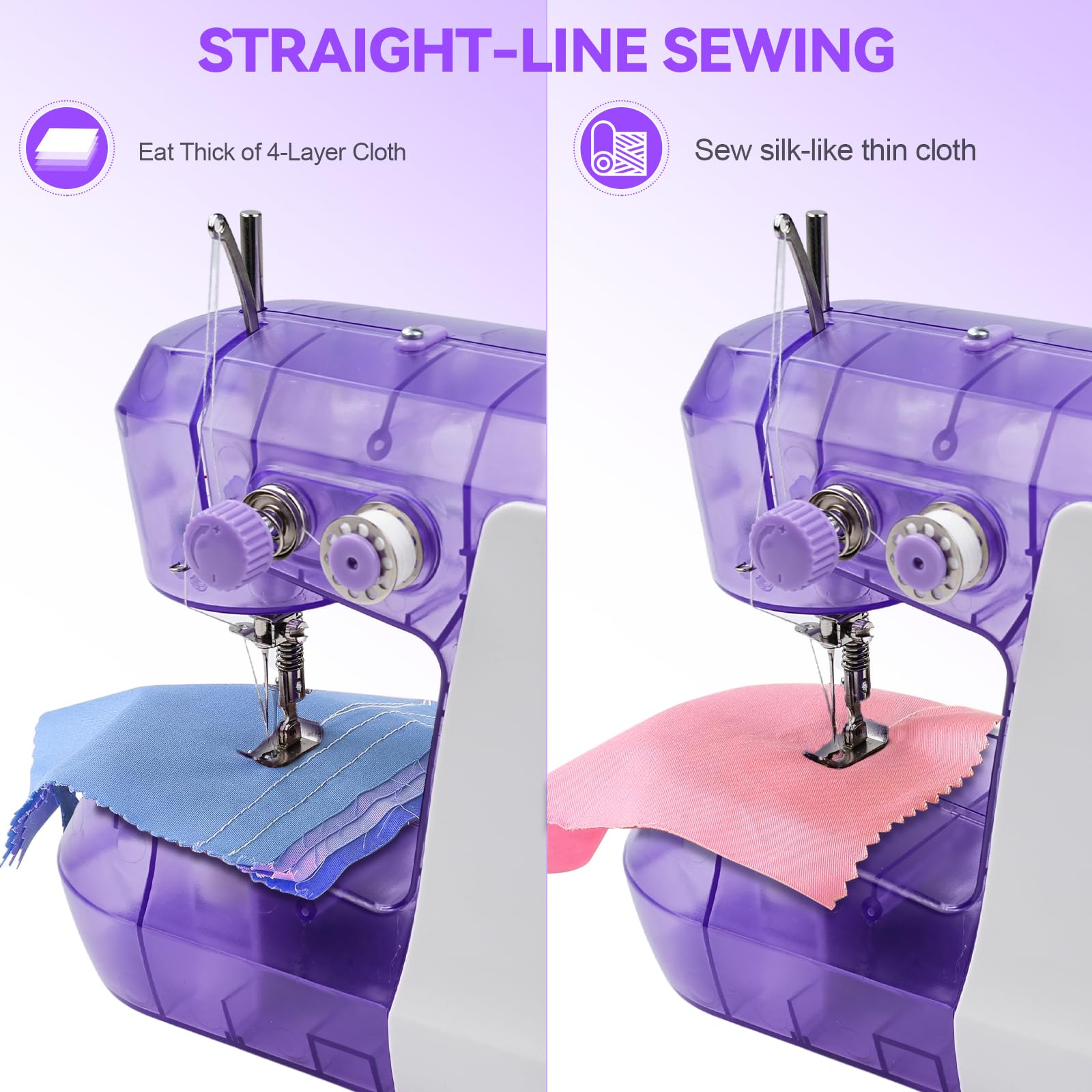 717 Mini máquina de coser para principiantes con video tutorial, máquina de coser eléctrica completa automática para niños con pedal y kit de costura de 26 piezas, 2 velocidades (morado)