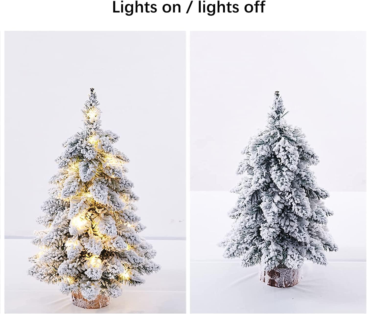2 Pcs Prelit Tabletop Christmas Tree Snow Flocked Christmas Tree with Led Lights Wood Base Mini Xmas Pine Tree for Table Desk Home Christmas Decor