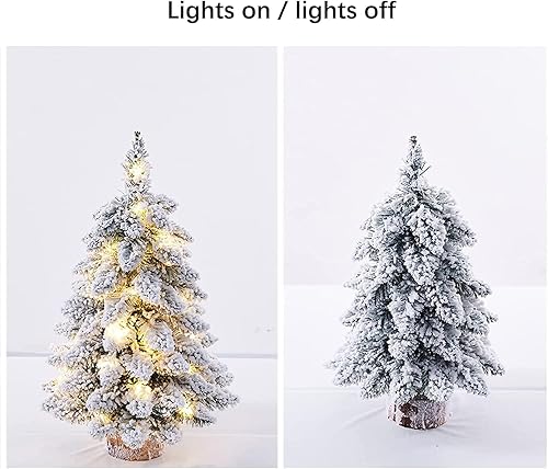 Miniatura 4 de 2 piezas preiluminado árbol de Navidad de mesa nevado con luces LED, base de madera, mini árbol de pino de Navidad para mesa, escritorio, decoración
