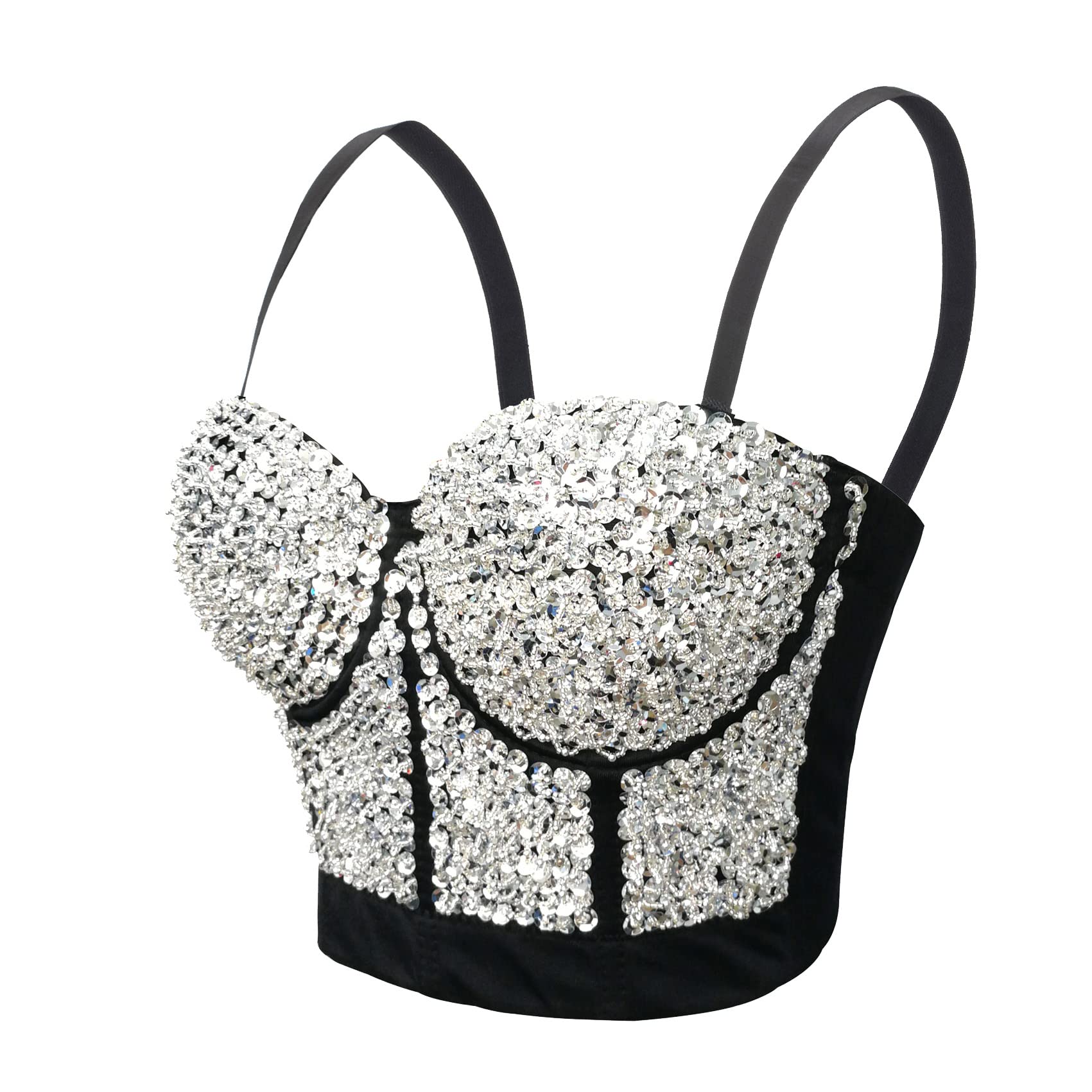 Woboren Women's Silver Sequin Beaded Bustier Crop Top Push Up Club Party Corset Top Detachable Straps