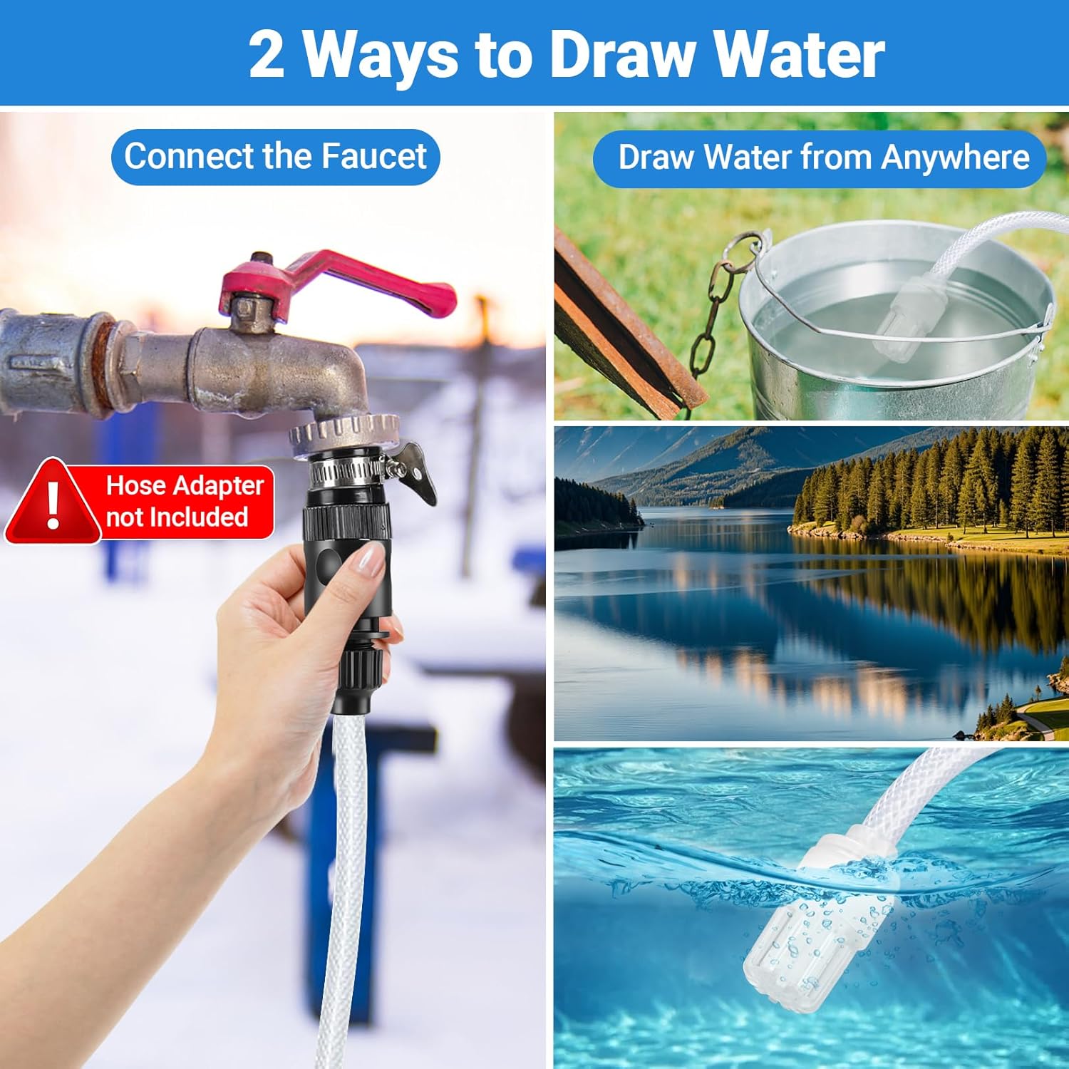 Image showing two ways to draw water: from a faucet and from a bucket/lake