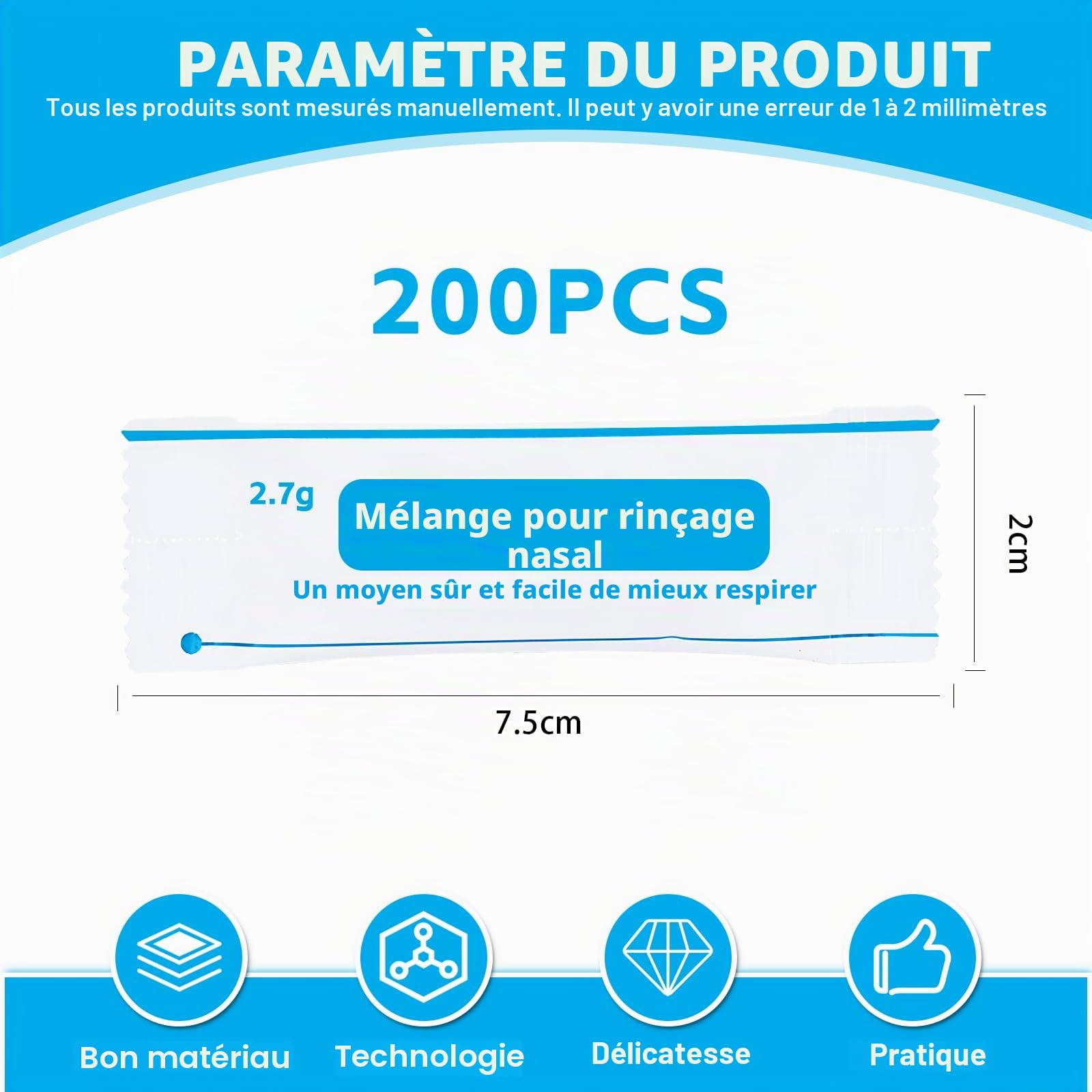 200 Petits Sacs Sachets Sel Nasal, 2.7g Sachets De Douche Nasale, Sachets De Sels De Rinçage Des Sinus Pour Rinçage Nasal Pour Douche Nasale, Kit Sinus Rinse, Irrigation Nasale