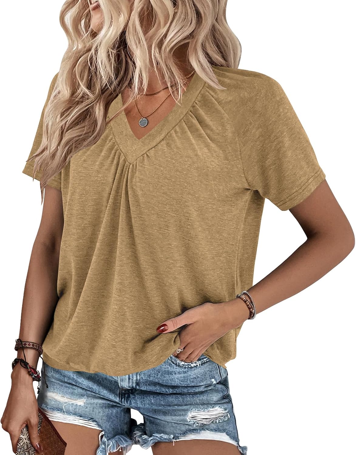 Summer Tops for Women 2025 Shorts Sleeve Womens Tops,V Neck Soft Casual Loose Fit Ruched Top T Shirts Tee Clothes - Image 3
