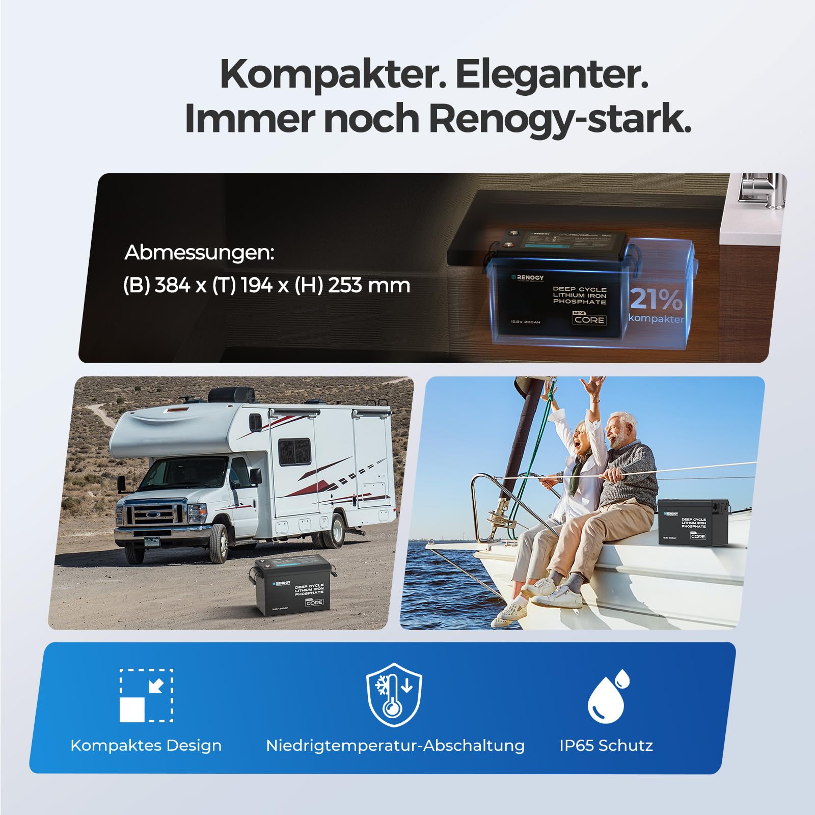 Renogy 12V 200Ah Core Mini LiFePO4 Lithium-Eisenphosphat-Batterie, Verbessertes 200A BMS 5000 Zyklen Kälteschutzfunktion Lithium Akku für Wohnmobile Solaranlage Wohnwagen Boot Camping Off-Grid-System