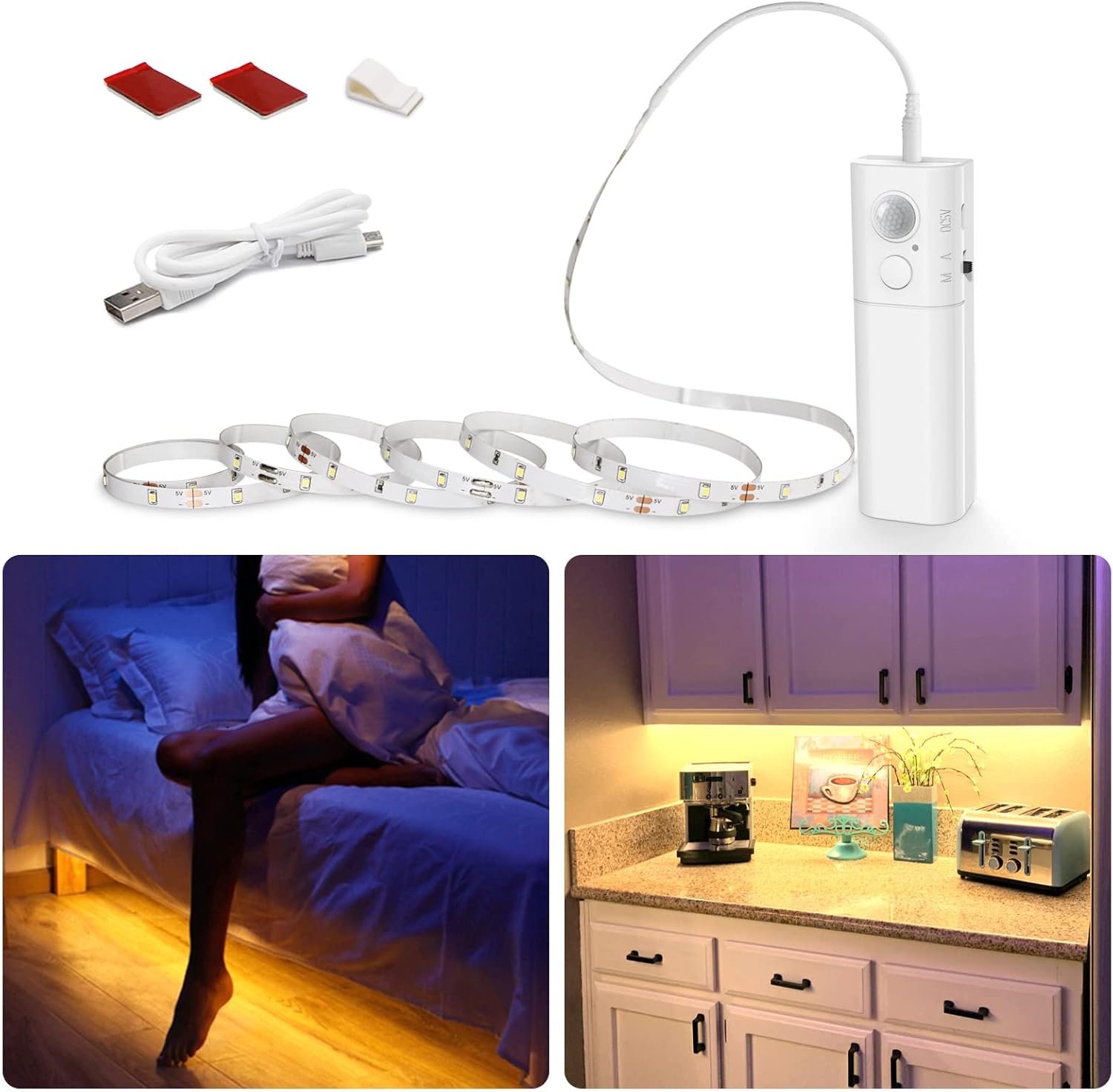 6.56ft Motion Sensor Strip Light, WOBANE Rechargeable Battery