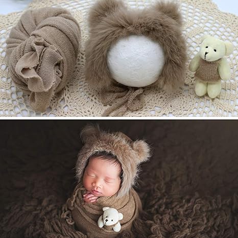 Haokaini Nursery,Bedding,Blankets & Swaddlers,Swaddles Newborn Photography Props,Baby Photography Wraps Blanket Fluffy Hat Bear Doll Set Infant Headband Long DIY Stretch Wraps Outfits for Boys Girls Shower Gift