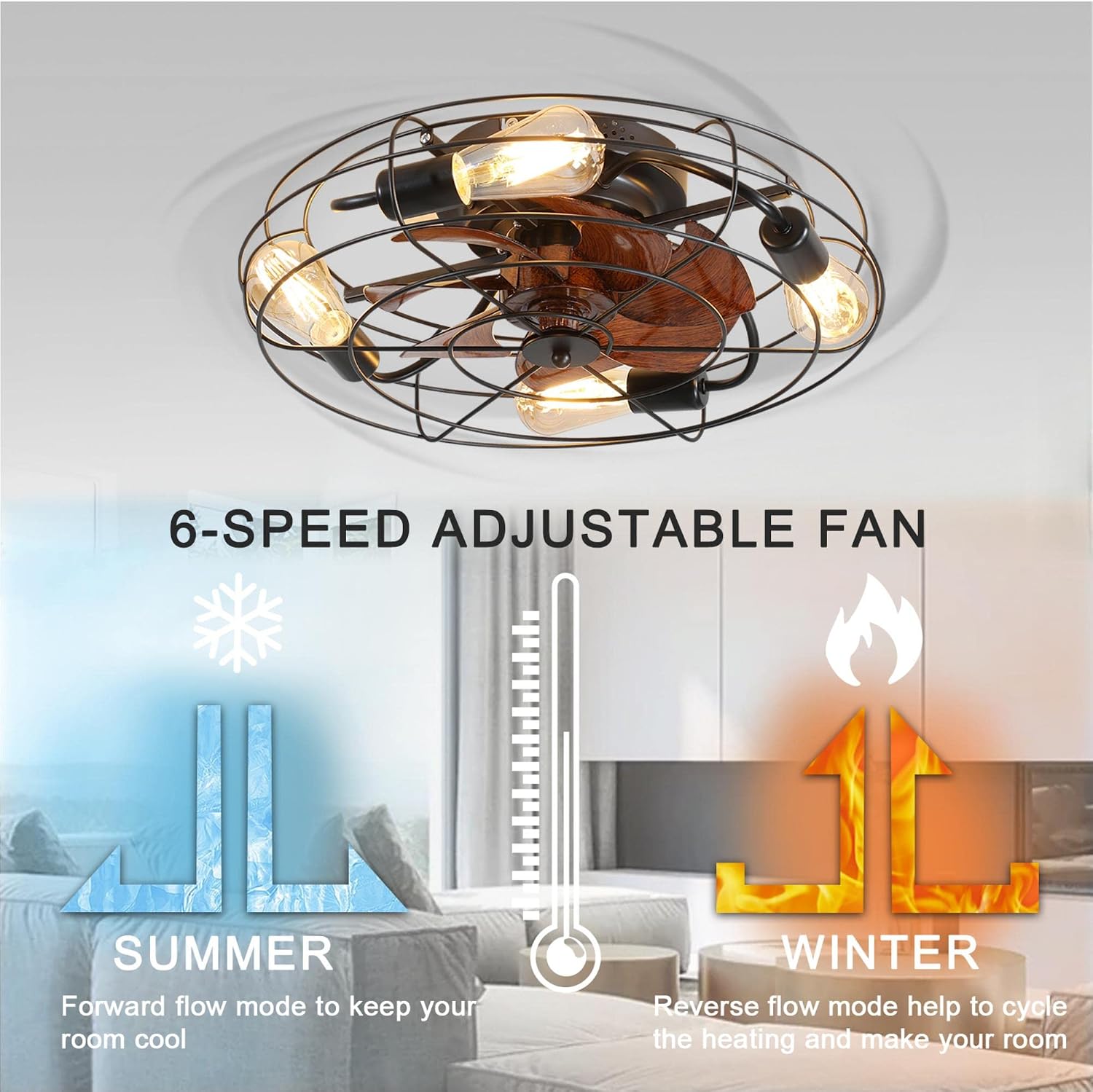 20" Caged Ceiling Fans with Lights and Remote,Flush Mount Low Profile Bladeless Ceiling Fan Low Profile,Small Farmhouse Industrial Enclosed Ceiling Fan For Bedroom,Kitchen (Oval-5 fan-28W)
