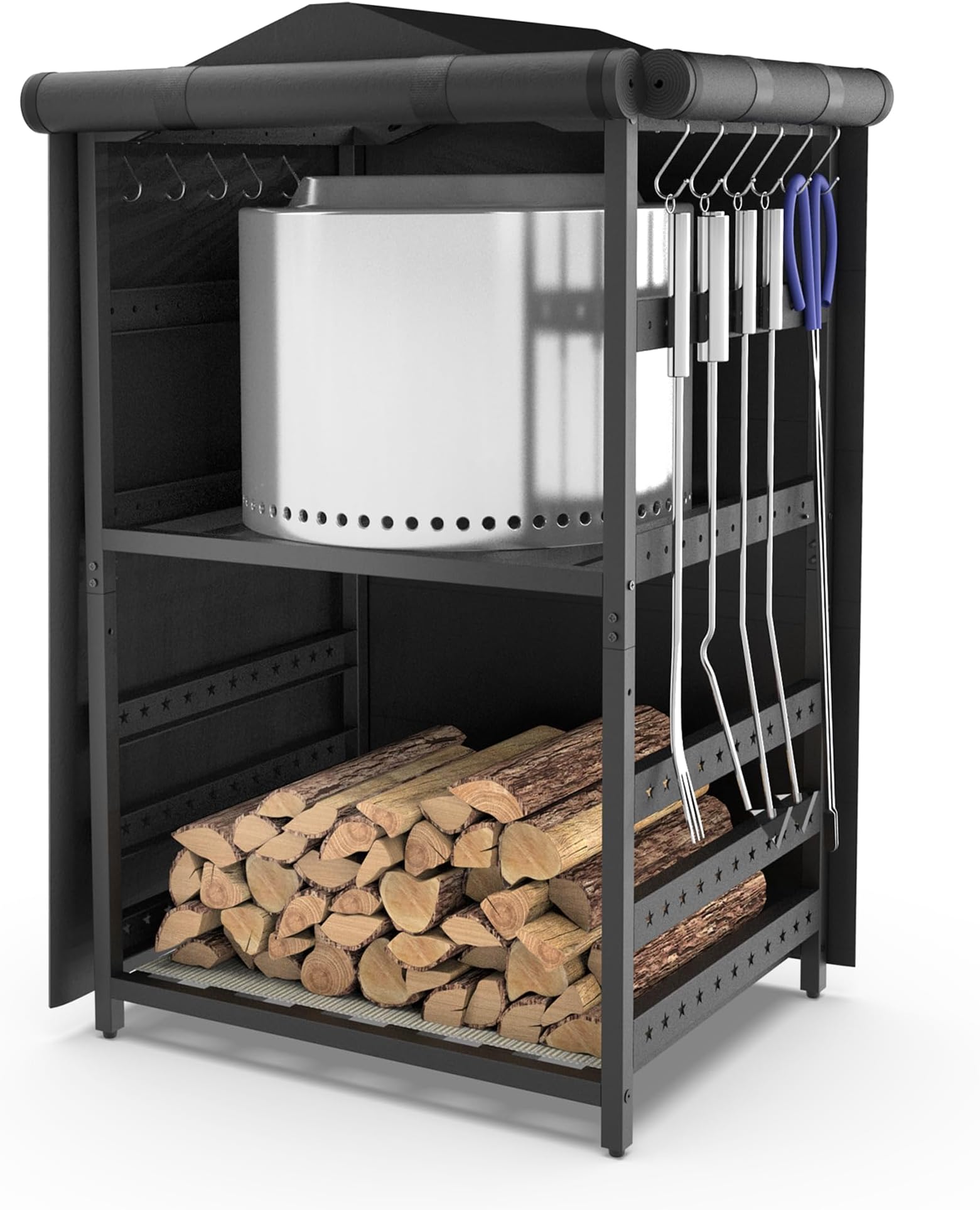 Storage Station for Solo Stove Bonfire 2.0, Yukon, Ranger, Storage for Fire Pit Tools and Accessories, Firewood Rack Outdoor with Waterproof Cover, Iron Black