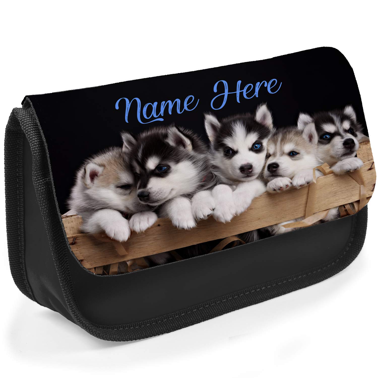KRAFTYGIFTS Personalised School Pencil Case Cute Husky Puppy Girls Stationary Bag SH130 (Black)