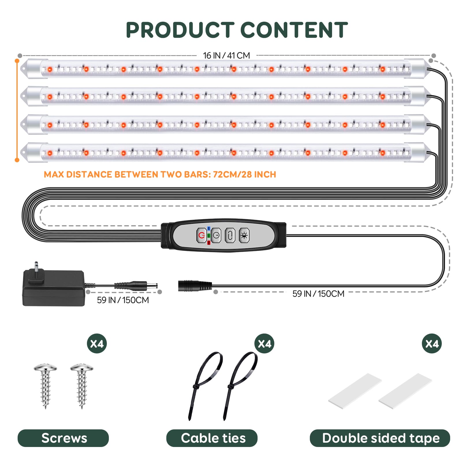 Lampada per piante a 4 barre LED, luce per piante da interno, luce di crescita a spettro completo con timer di accensione/spegnimento automatico 6/12/18H, 5 livelli dimmerabili per piante grasse