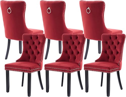 Miniatura 13 de Juego de 4 sillas de comedor de terciopelo, sillas de comedor tapizadas con ribete de cabeza de clavo, patas de madera, anillo de tracción, sillas