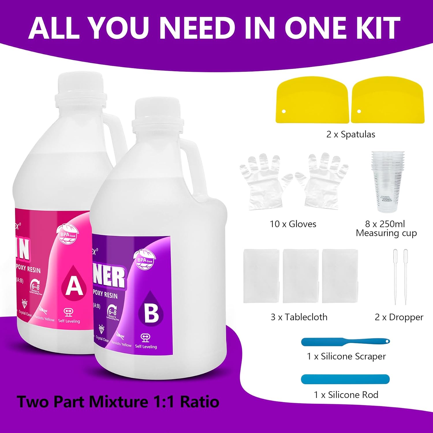 1 Gallon Crystal Clear Epoxy Resin Kit, High Gloss & Bubbles Free Resin Supplies for Art Coating and Casting, Craft DIY, Wood, Tabletop, Bar Top, Molds, River Tables with Cups, Sticks, Gloves