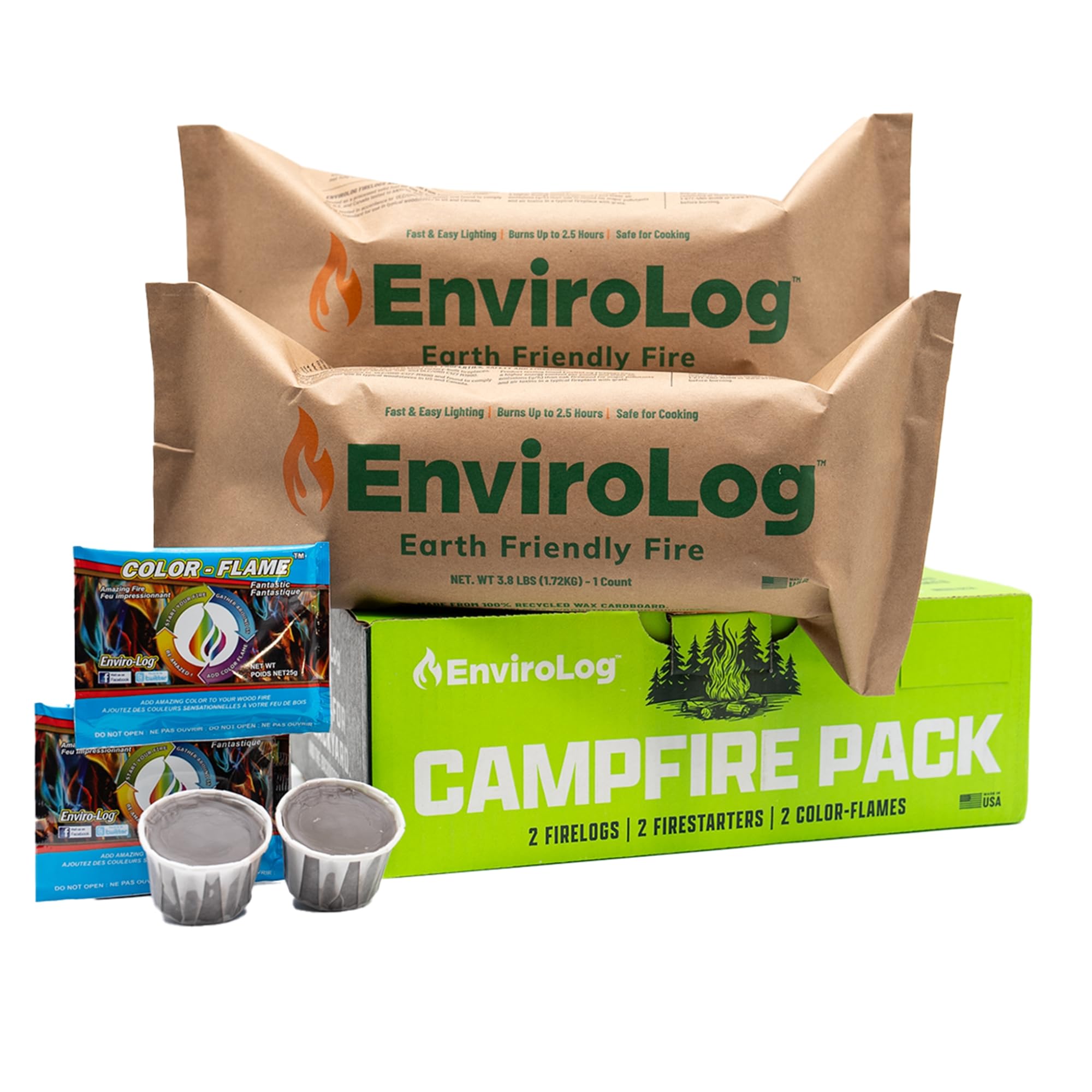 EnviroLog Campfire Pack, 2 Fire Logs, 2 Fire Starters, and 2 Color Flames, for Indoor or Outdoor Fireplace, Fire Pit, Bonfire, and Camping – Safe & Sustainable