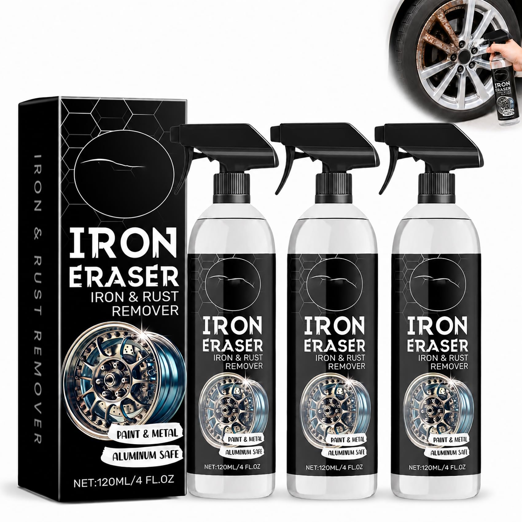 Rust Remover & Iron Eraser - Automotive Spray for Car Wheels & Paint, Fast Acting Rust & Brake Dust Remover, Professional Metal Surface Cleaner (3pcs)