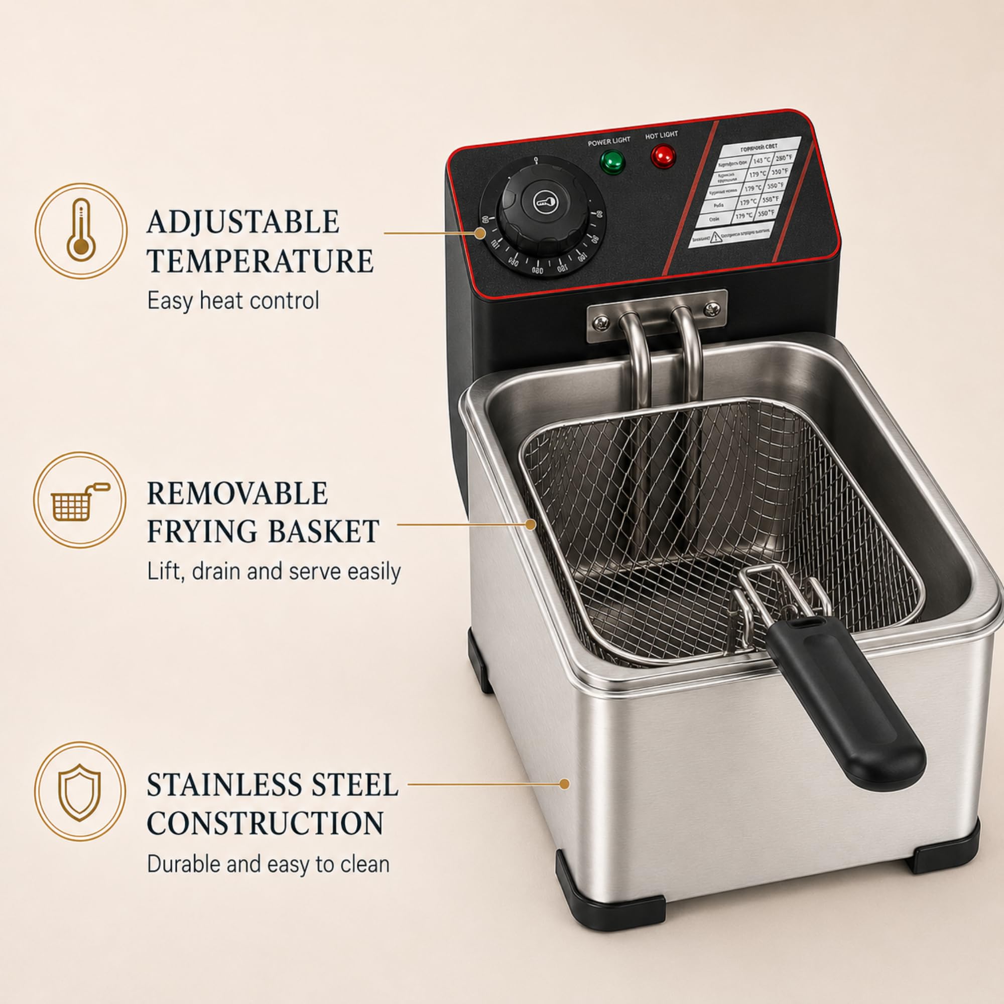 Friteuse Professionnelle en Acier Inoxydable, Capacité 3L | Compacte, Panier Amovible, Température Réglable, Pour Maison, Cuisine, Bar et Snack