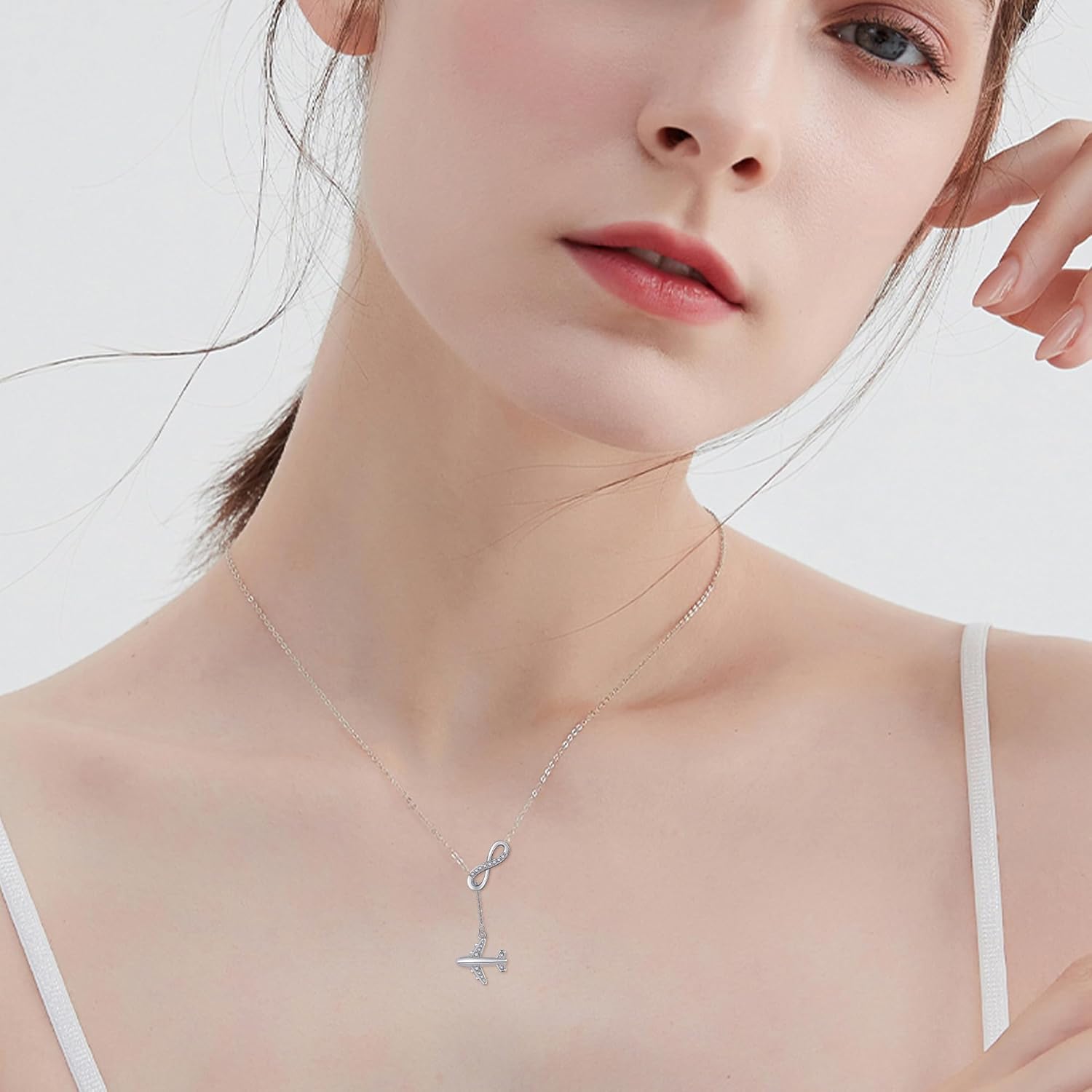Airplane Necklace 925 Sterling Silver Infinity Airplane Pendant Y Necklace Travel A... - Image 2