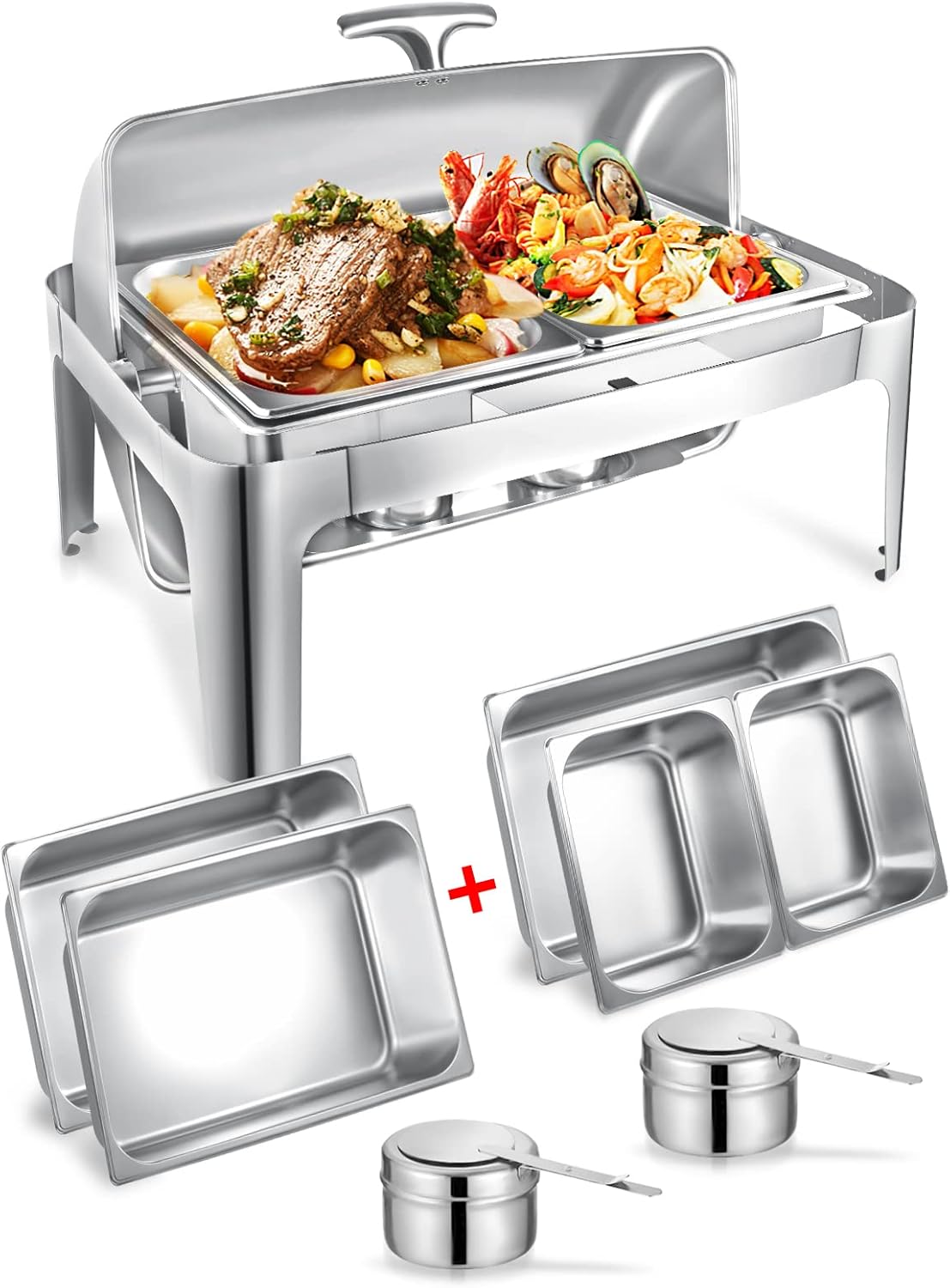 Granvell Rectangular Roll Top Chafing Dish Buffet Set, Catering Food Warmer for Parties, Wedding, Birthday, Christmas, 1 Full Size & 2 Half-Size Chafing Server Dish, 14QT Water Pan