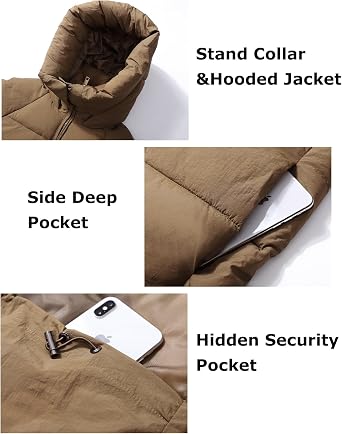 Flygo Womens Hooded Quilted Puffer Jacket Mid-Length Padded Coat | Full Zip, Snap Button Hood, 2 Pockets, Winter Warm Heavyweight Outerwear, Loose Fit Puffy Down Coat for Ski, Commutes, Date