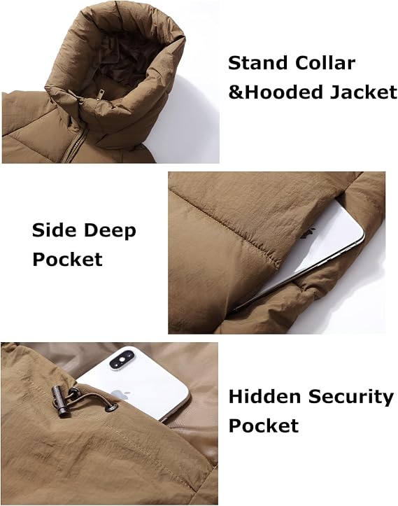 Flygo Womens Hooded Quilted Puffer Jacket Mid-Length Padded Coat | Full Zip, Snap Button Hood, 2 Pockets, Winter Warm Heavyweight Outerwear, Loose Fit Puffy Down Coat for Ski, Commutes, Date