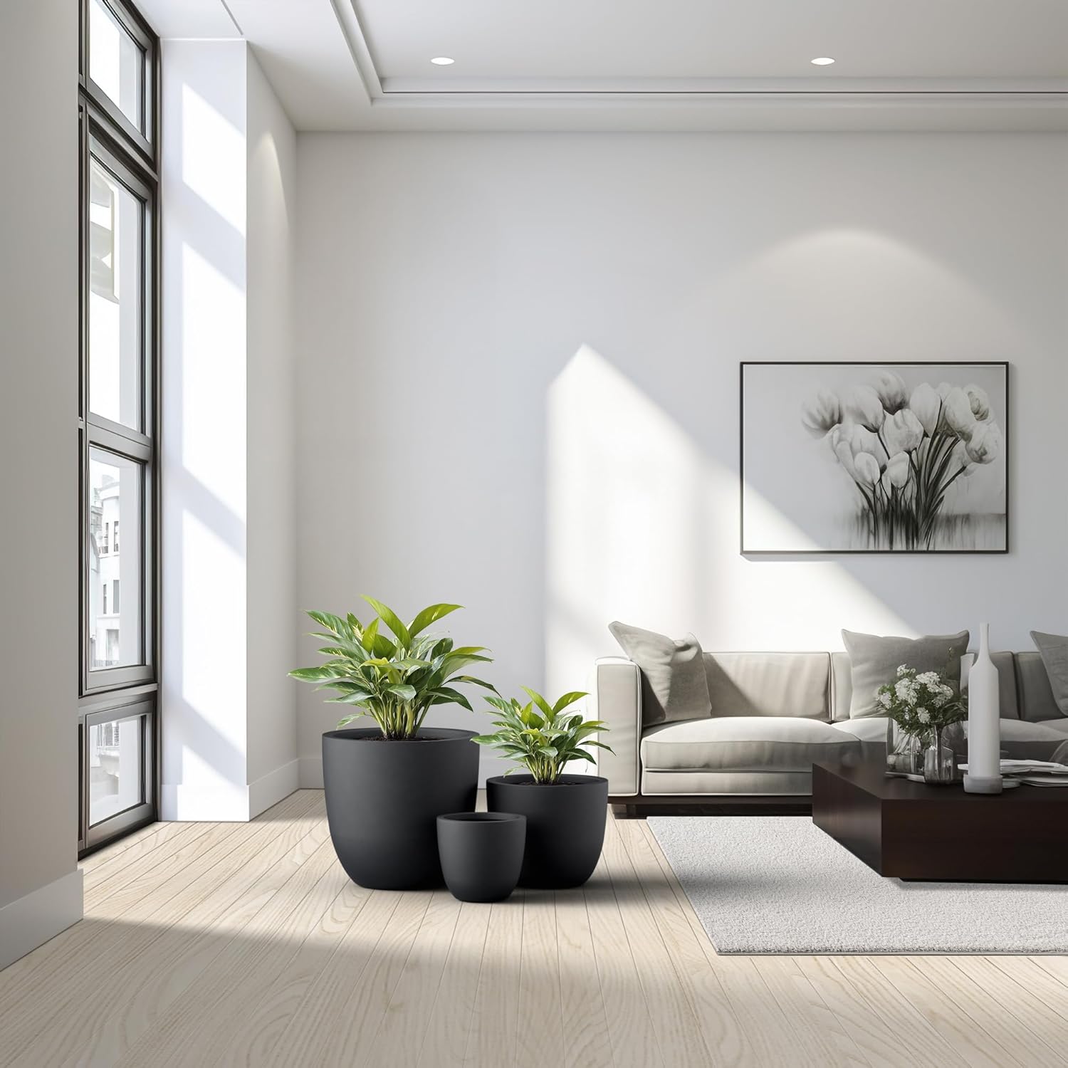 Kante Round Concrete Planter Set of 3, Large Outdoor Indoor Plant Pots with Drainage Hole, 10/14/18-Inch Diameter Flower Pots for Patio, Garden and Home, Black