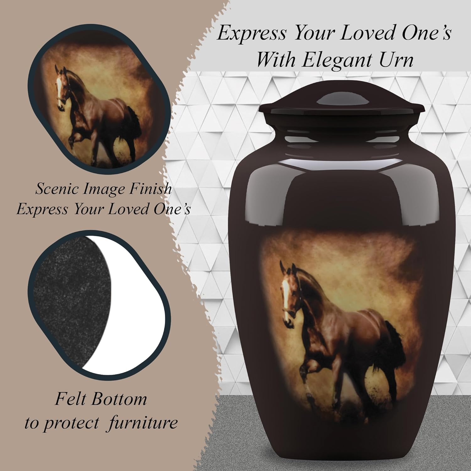Forever URNS - Large Urn for Ashes Adult Male & Female | Memorial Gifts, Ashes Keepsake l Aluminium Metal, Running Horse Theme | Velvet Protection Box | Memorial Box for Funeral, Brown - 200 cu in - Image 6
